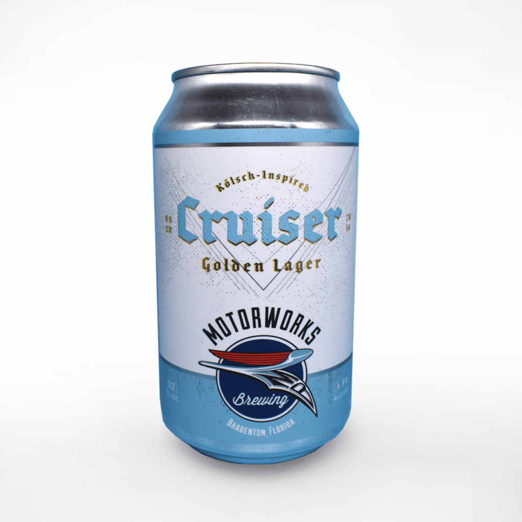 Cruiser Golden Lager can by Motorworks Brewing on white background