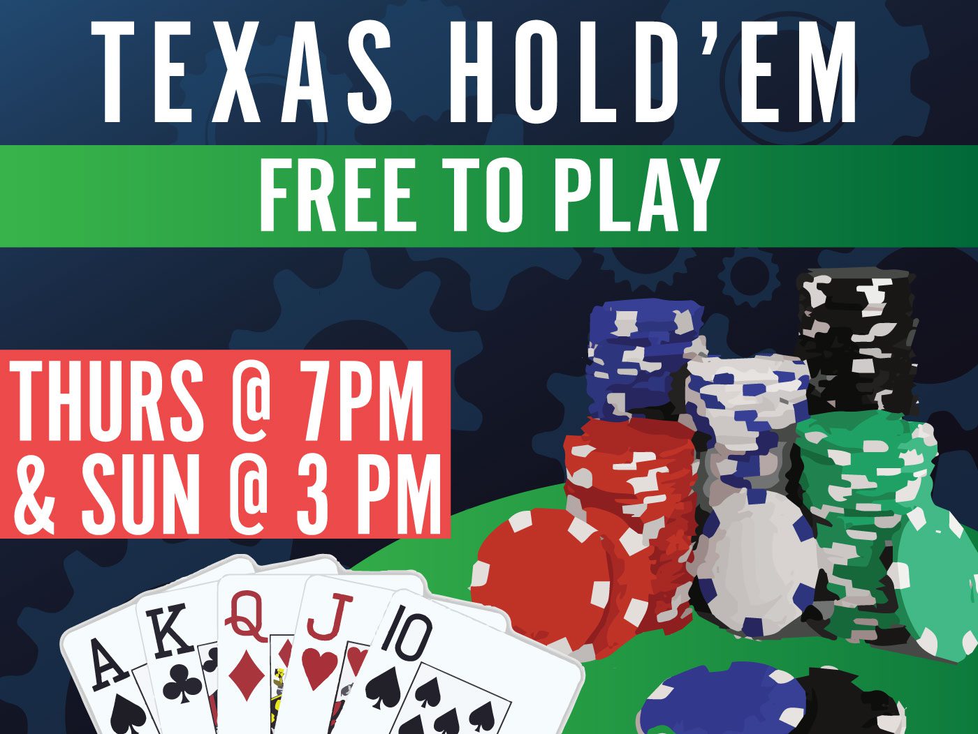 Motorworks Brewing presents Texas Hold'Em - Free to play every Thursday @ 7:00 pm EST and Sunday @ 3:00 pm EST