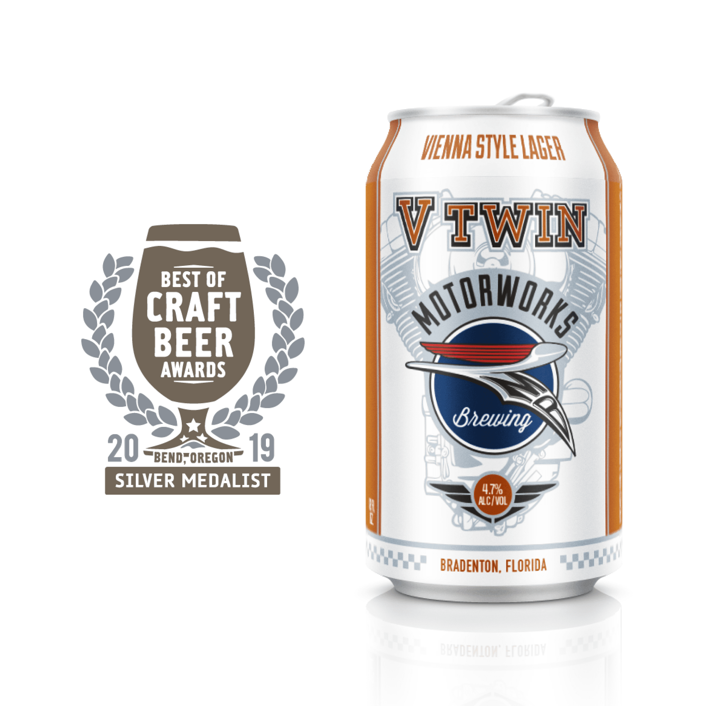 Motorworks Brewing V Twin Vienna Style Lager can next to the Best of Crat Beer Awards 2019 Silver medal