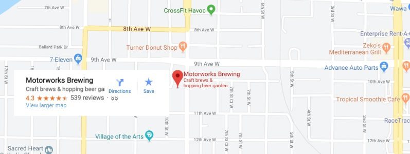 Map to the location of Motorworks Brewing in Bradenton, FL