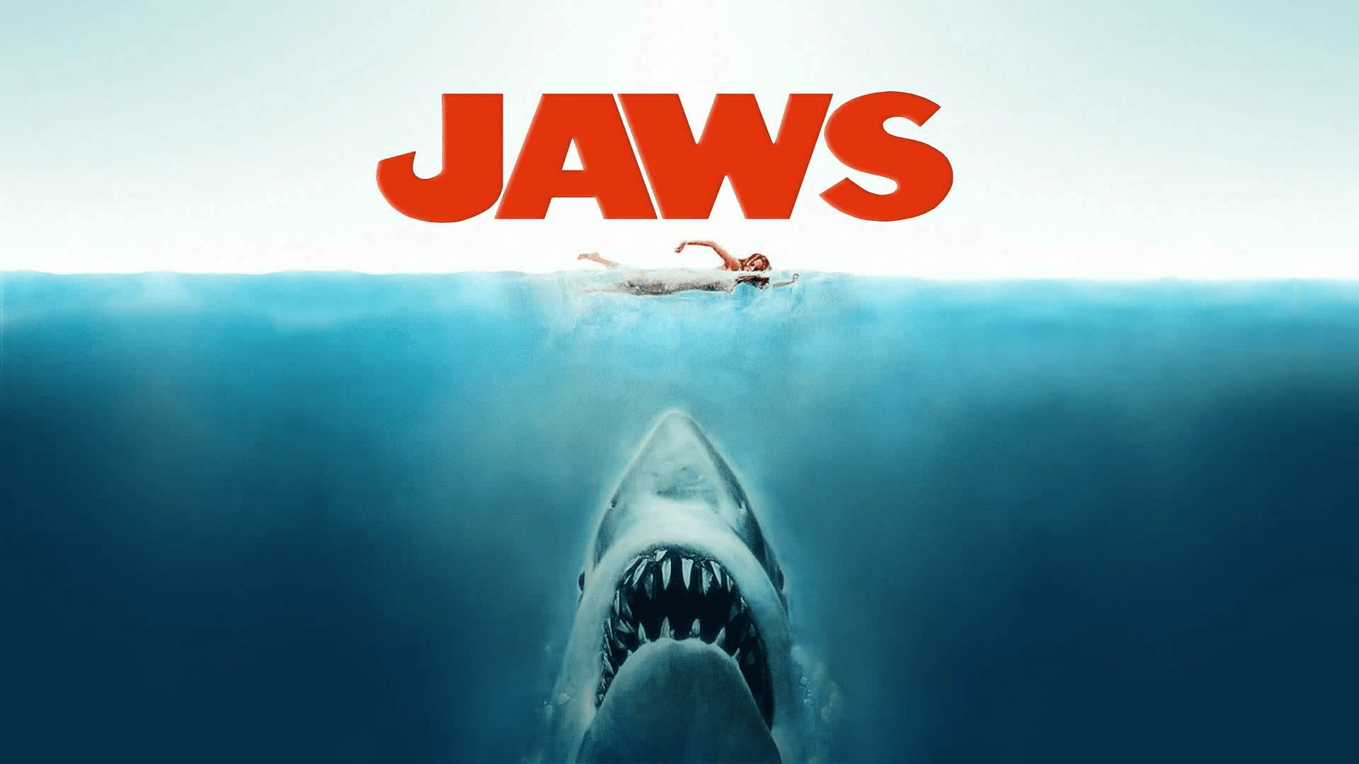 Jaws Moive poster with female swimming with shark beneath her