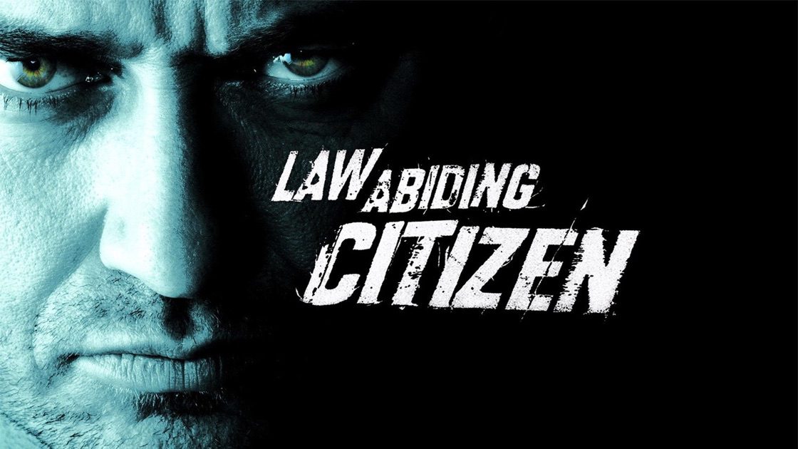 Motorworks Brewing presents Law abiding citizen movie poster with Gerald Butler closeup on the far left part of the image