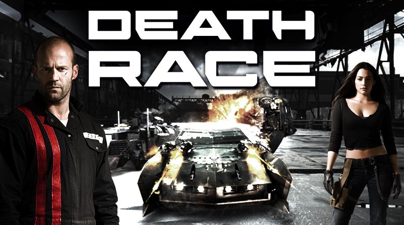 Motorworks Brewing presents Death Race movie poster with Jason Stathum on left closest to the camera and the destructive race taking place in background with support female actress on the right side of image