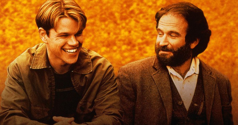 Motorworks Brewing presents Good Will Hunting movie poster with Matt Damon and Robin Williams sitting on a park bench with orange fall-esque background