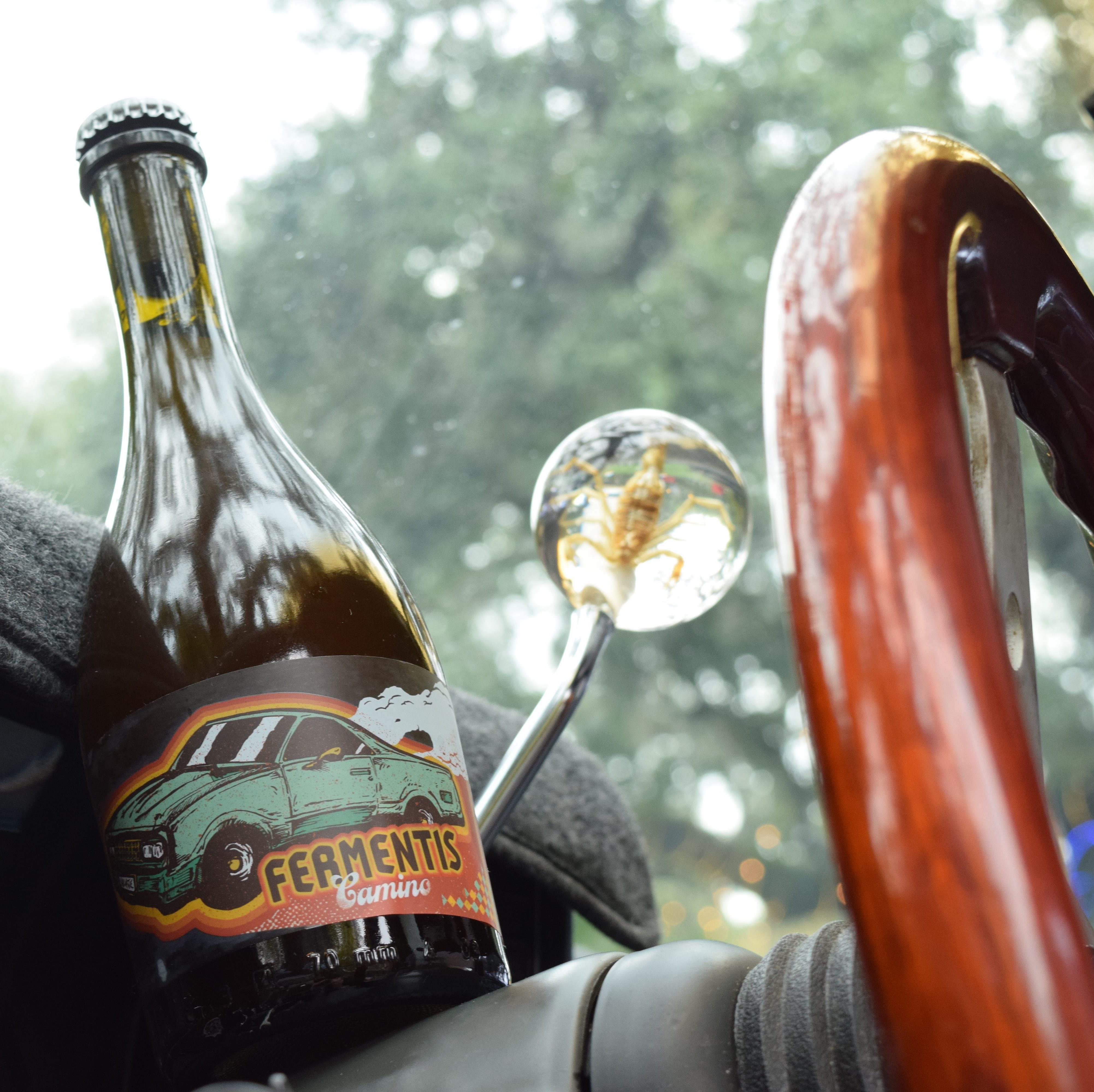 Motorworks Brewing Ferments Camino wild west ale in bottle on dashboard