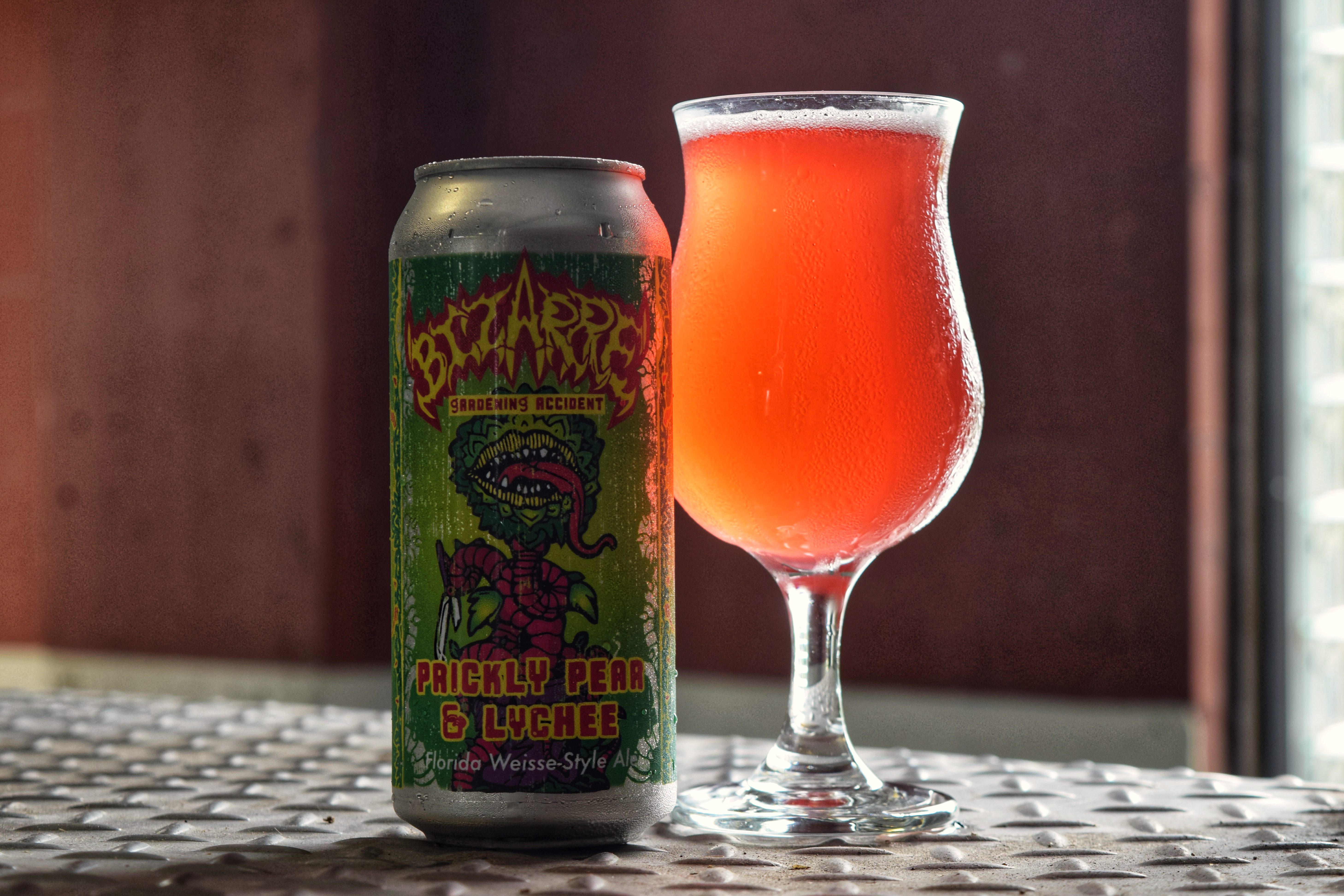 A can and tall class of Motoroworks Brewing Bizzare Gardening Accident of Prickly Pear & Lychee