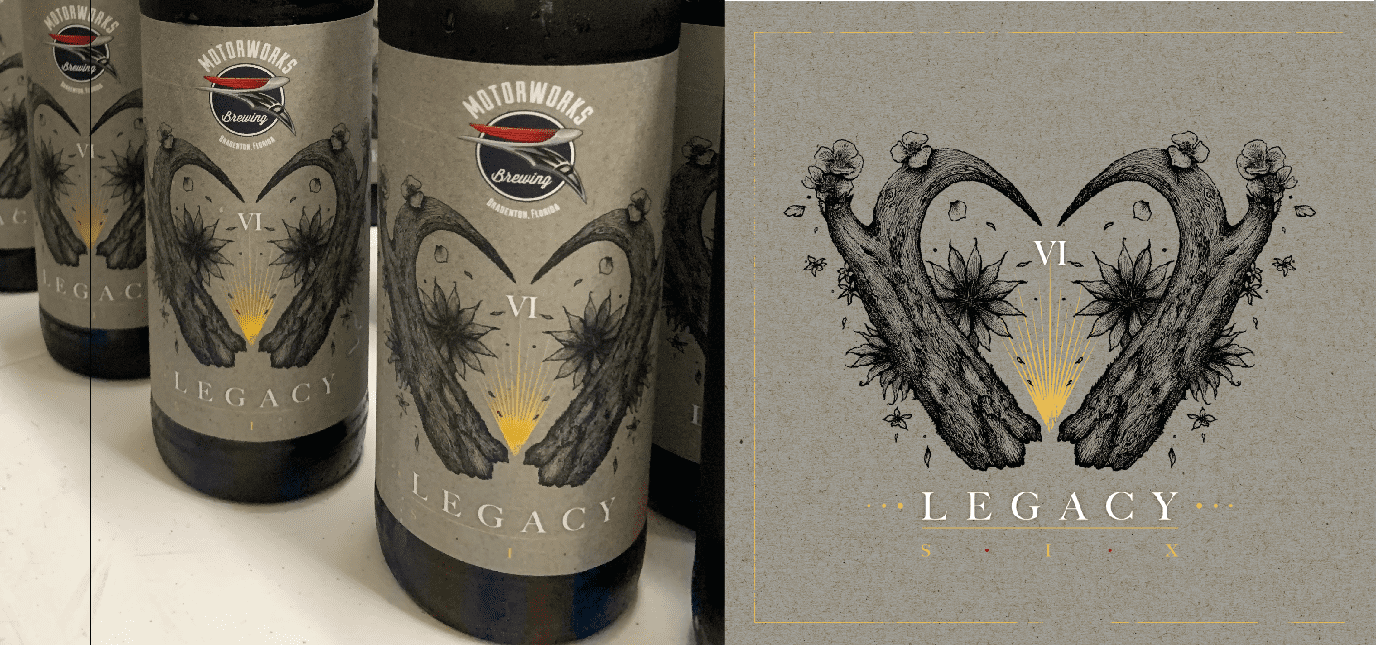 Motorworks Legacy Bottles and Label art side-by-side