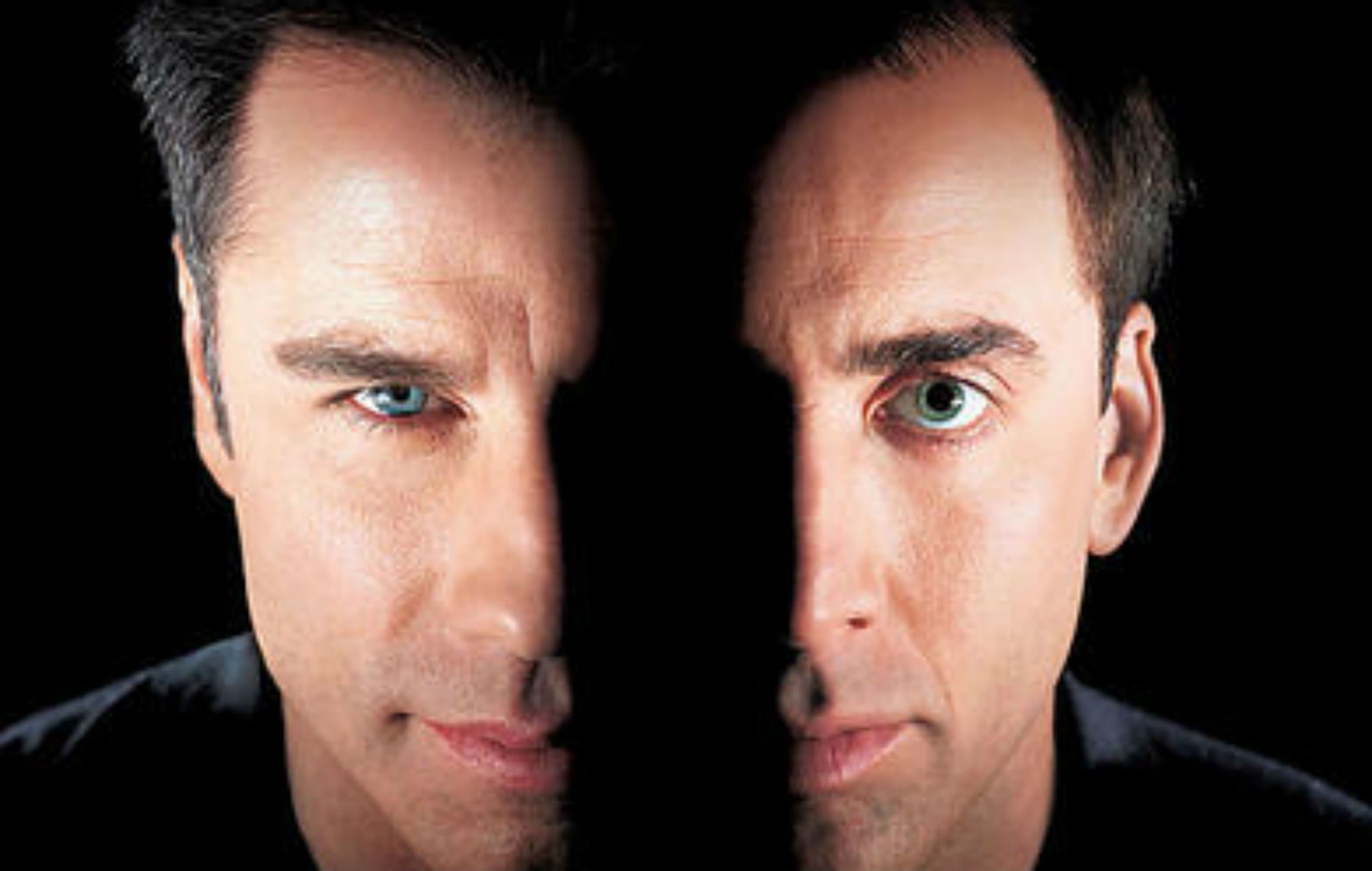 Motorworks Brewing presents Face Off movie cover with John Travolta and Nicholas Cage half dark faces meeting in the center