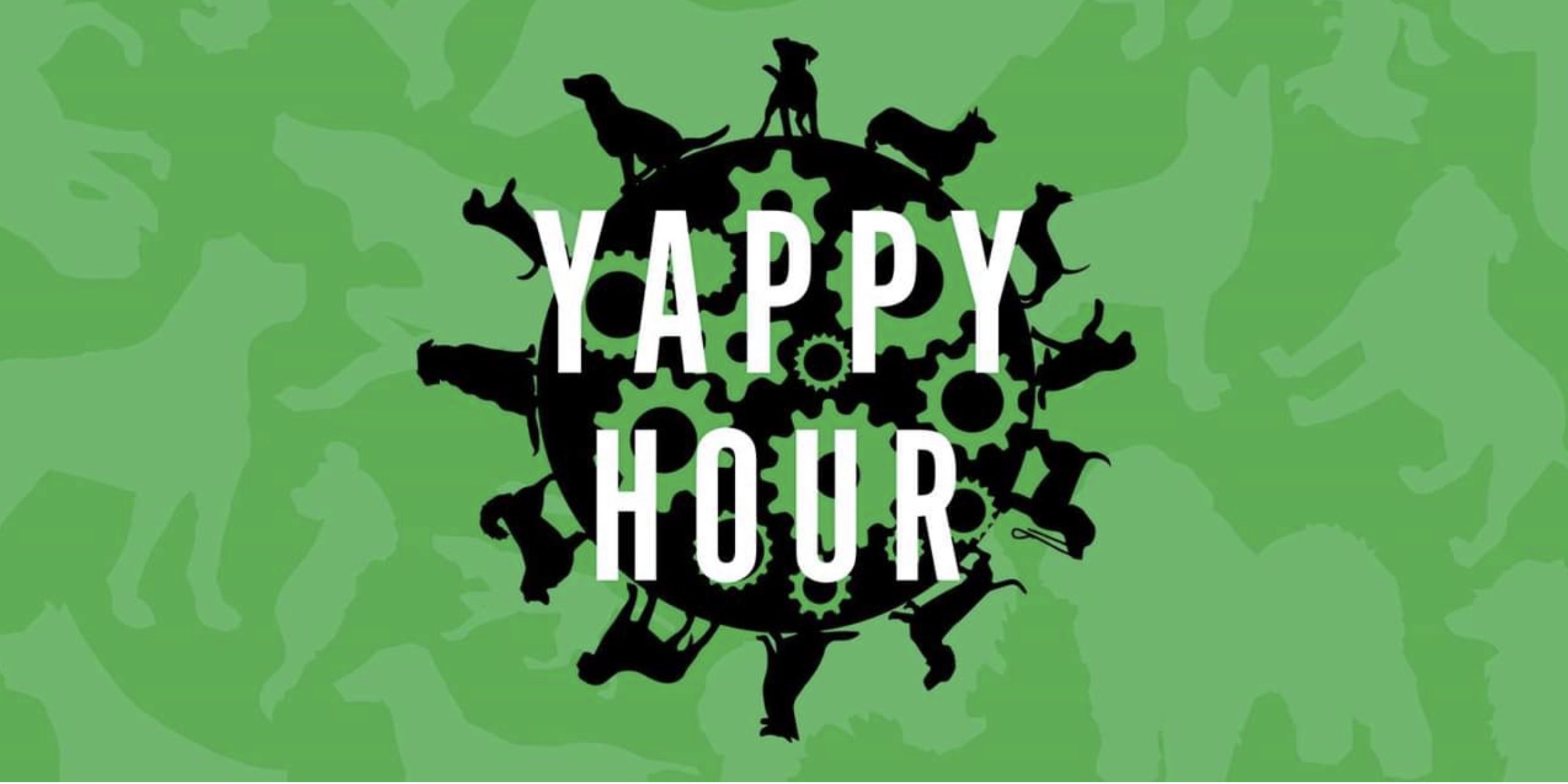 Motorworks Brewing Yappy Hour Poster with circle of dogs surrounding the text