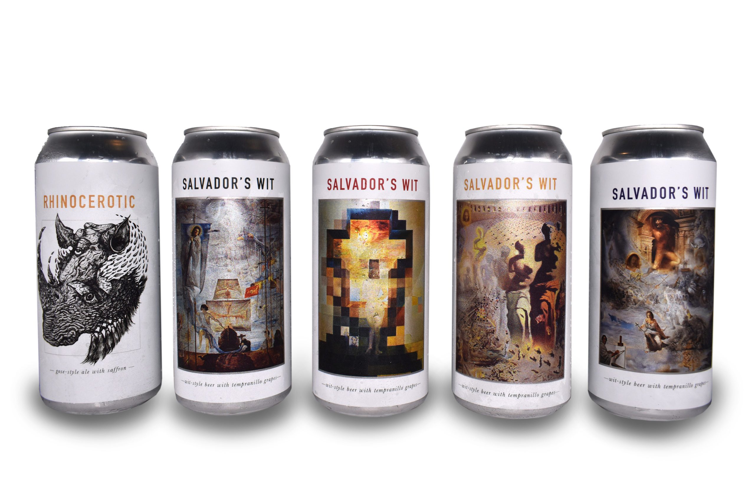 Dali Museum Motorworks Brewing Collab Set of 5 with 4 Dali Masterworks and 1 original Motorworks Rhino artwork on all 5 cans