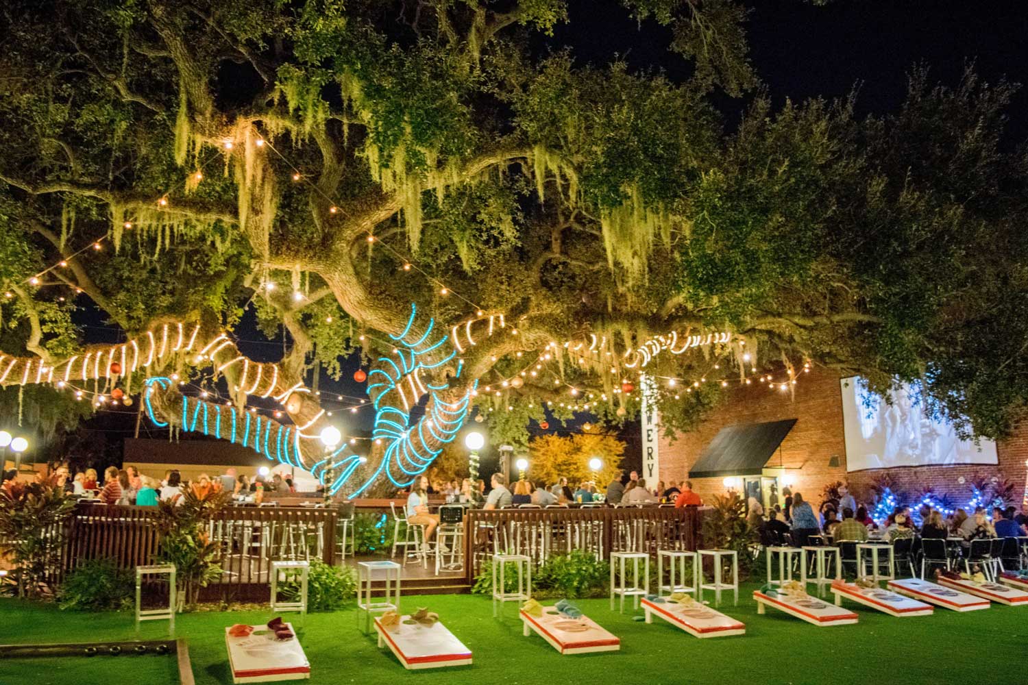 Beer Garden with lit up oak tree